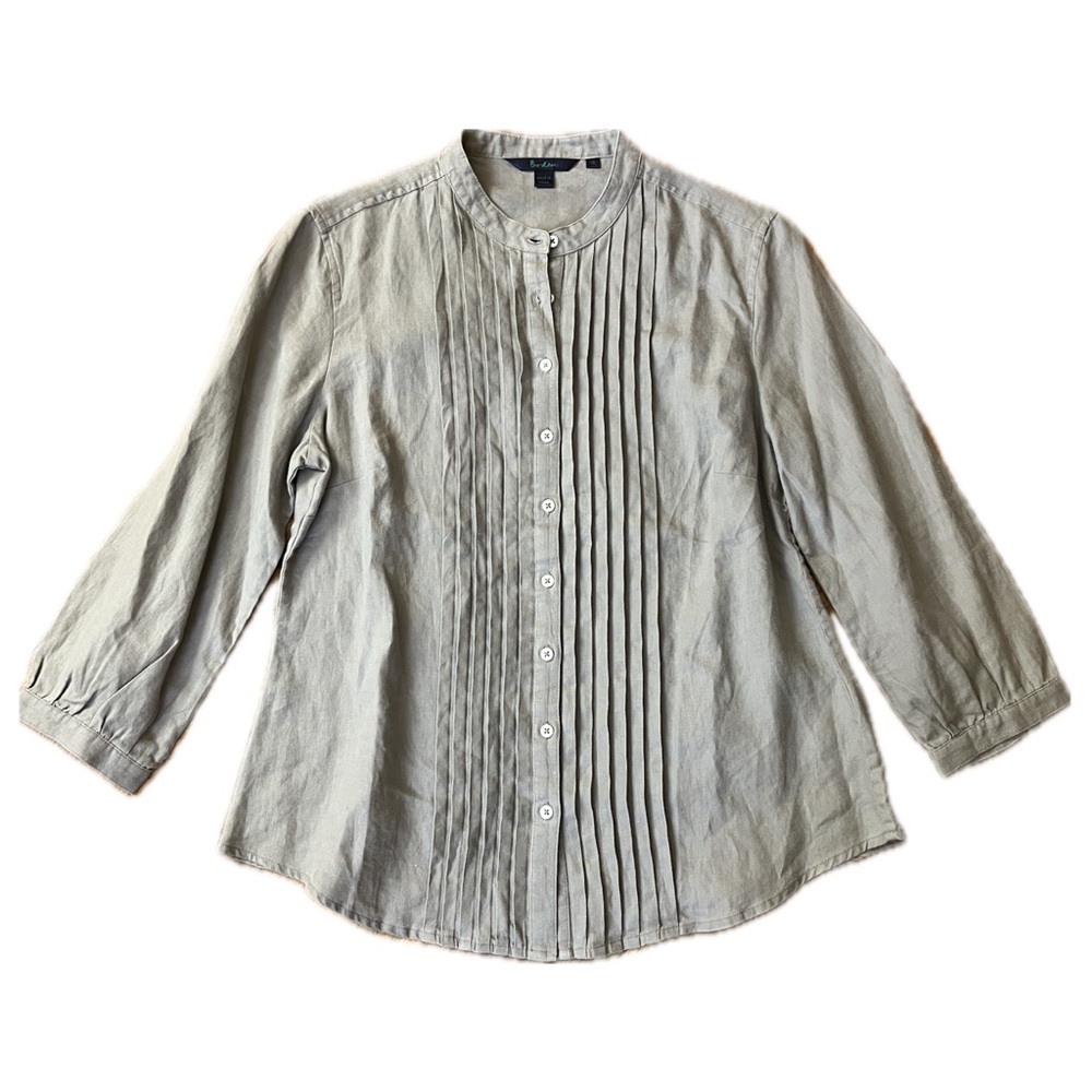 BODEN 100% Linen Pleated Beige Button Front Blouse Size 12